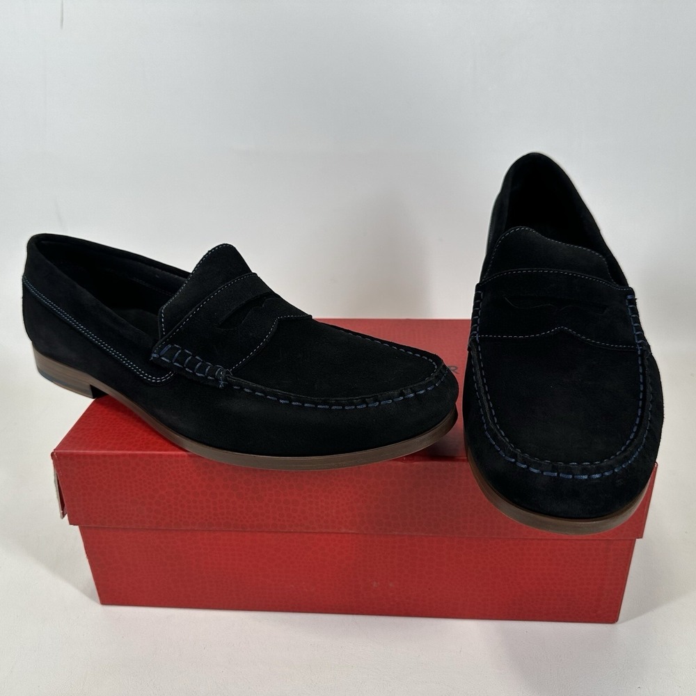 Donald Pliner Penny Loafers Men's Size 11 Nicola Black Suede Blue Stitching